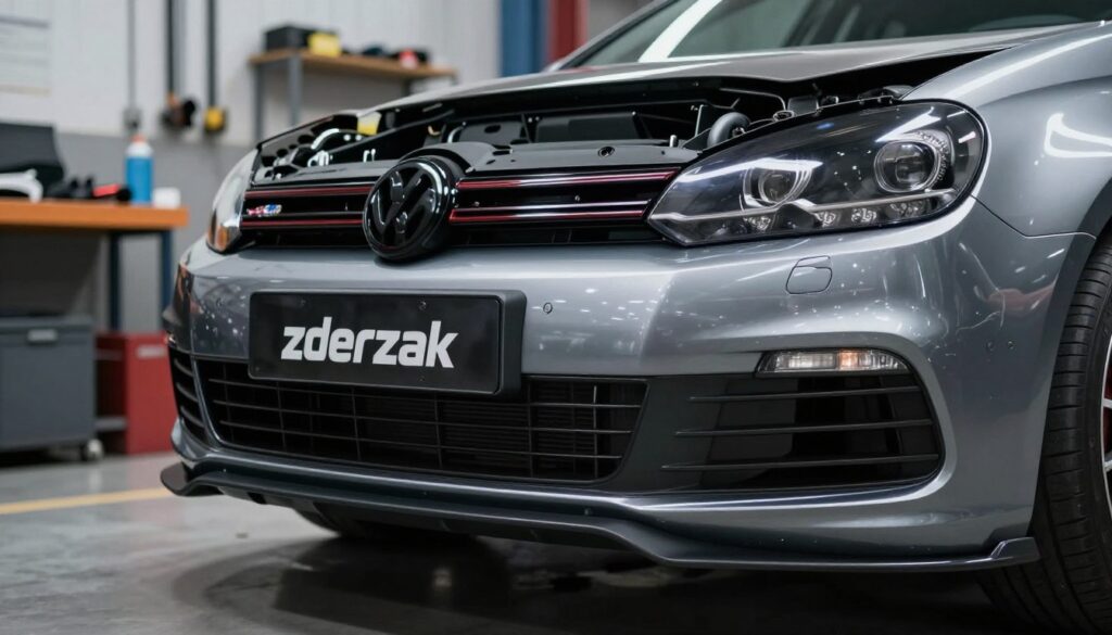 A detailed close-up view of a custom "zderzak" bumper for a Golf 6, showcasing its sleek, modern design and unique contours. The foreground features the bumper prominently, with highlights that accentuate its glossy finish and aerodynamic shapes. In the middle ground, a partially visible Golf 6 body stands in a workshop setting, surrounded by tools and car parts, conveying a sense of preparation for installation. The background consists of blurred garage elements and soft ambient lighting, enhancing the workshop atmosphere. The image is captured from a slightly elevated angle, allowing a comprehensive view of the bumper and the context of its installation, evoking a mood of anticipation and professionalism in automotive enhancement. A detailed close-up view of a custom "zderzak" bumper for a Golf 6, showcasing its sleek, modern design and unique contours. The foreground features the bumper prominently, with highlights that accentuate its glossy finish and aerodynamic shapes. In the middle ground, a partially visible Golf 6 body stands in a workshop setting, surrounded by tools and car parts, conveying a sense of preparation for installation. The background consists of blurred garage elements and soft ambient lighting, enhancing the workshop atmosphere. The image is captured from a slightly elevated angle, allowing a comprehensive view of the bumper and the context of its installation, evoking a mood of anticipation and professionalism in automotive enhancement.