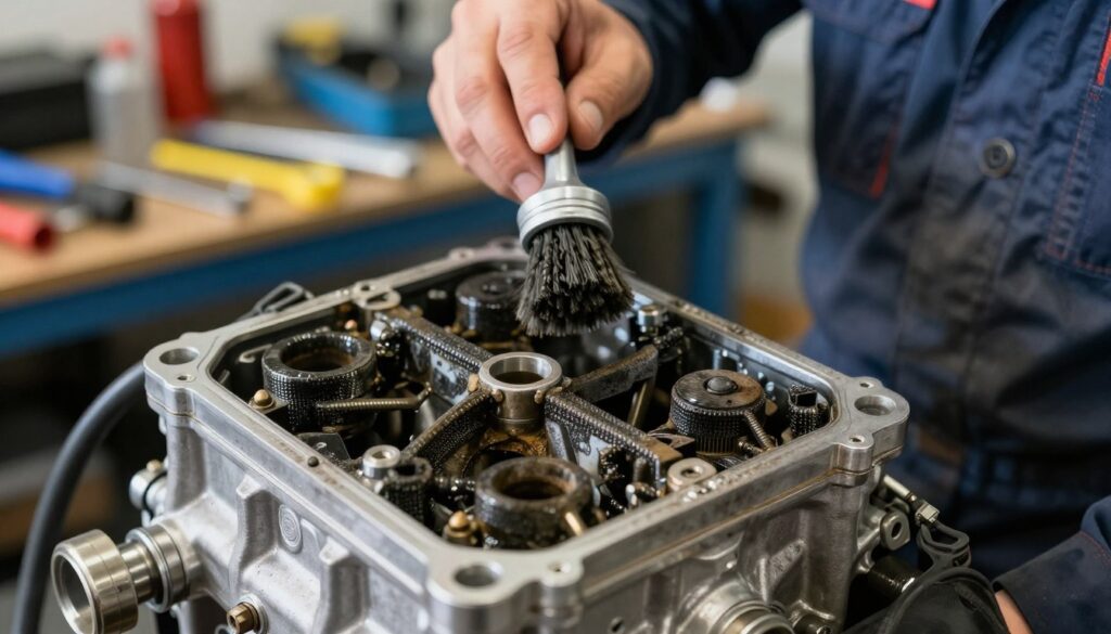 A detailed close-up view of a dirty automotive throttle body, showcasing visible carbon buildup and grime around the intake valves and inner surfaces. The foreground reveals the intricate mechanical components, with a focus on the dirty sections, emphasizing the color contrast between the darkened, soiled areas and the shiny, clean parts. In the middle ground, include a slightly blurred hand using a cleaning brush to scrub the throttle body, dressed in a modest mechanic's outfit. The background should feature an organized workshop setting with tools and automotive parts neatly arranged, with warm, natural lighting creating a focused and industrious atmosphere. The image captures the urgency of recognizing and addressing throttle body cleanliness, highlighting the importance of maintenance. A detailed close-up view of a dirty automotive throttle body, showcasing visible carbon buildup and grime around the intake valves and inner surfaces. The foreground reveals the intricate mechanical components, with a focus on the dirty sections, emphasizing the color contrast between the darkened, soiled areas and the shiny, clean parts. In the middle ground, include a slightly blurred hand using a cleaning brush to scrub the throttle body, dressed in a modest mechanic's outfit. The background should feature an organized workshop setting with tools and automotive parts neatly arranged, with warm, natural lighting creating a focused and industrious atmosphere. The image captures the urgency of recognizing and addressing throttle body cleanliness, highlighting the importance of maintenance.