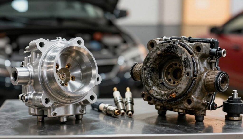A detailed comparison image showcasing a clean throttle body and a dirty throttle body side by side. In the foreground, the clean throttle body gleams with shiny metallic surfaces, showing fresh gaskets, while the dirty throttle body is covered with grime and carbon deposits, illustrating clear signs of wear and neglect. The middle ground should include various components like spark plugs and an EGR valve, subtly highlighting their differences. The background can feature a blurred automotive garage setting, with soft, warm lighting that creates an atmosphere of mechanic expertise. The angle should be slightly above the displays, emphasizing the contrasting conditions of the throttle bodies. The image should convey a professional and educational mood, ideal for comparing symptoms and their causes in vehicle maintenance. A detailed comparison image showcasing a clean throttle body and a dirty throttle body side by side. In the foreground, the clean throttle body gleams with shiny metallic surfaces, showing fresh gaskets, while the dirty throttle body is covered with grime and carbon deposits, illustrating clear signs of wear and neglect. The middle ground should include various components like spark plugs and an EGR valve, subtly highlighting their differences. The background can feature a blurred automotive garage setting, with soft, warm lighting that creates an atmosphere of mechanic expertise. The angle should be slightly above the displays, emphasizing the contrasting conditions of the throttle bodies. The image should convey a professional and educational mood, ideal for comparing symptoms and their causes in vehicle maintenance.