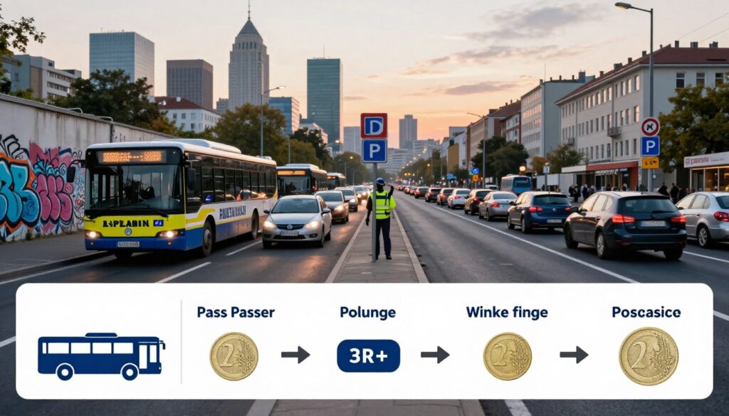 A detailed comparison scene depicting bus lanes and traffic fines in Poland versus abroad. In the foreground, include a clear, organized infographic style representation of bus pass regulations, adorned with symbols of transportation, such as buses and euro coins. The middle ground features a split-screen view highlighting traffic enforcement measures—on one side, a Polish bus lane bustling with commuter buses and cars, with vivid graffiti on nearby walls; on the other, an international cityscape showcasing different bus lane signs and road conditions, casting a sense of comparison. The background should be a stylized city skyline, softly illuminated during sunset to evoke a serious yet informative atmosphere. Use a realistic lens effect to create a sharp focus on the infographic, with a gentle bokeh in the background to enhance the mood.