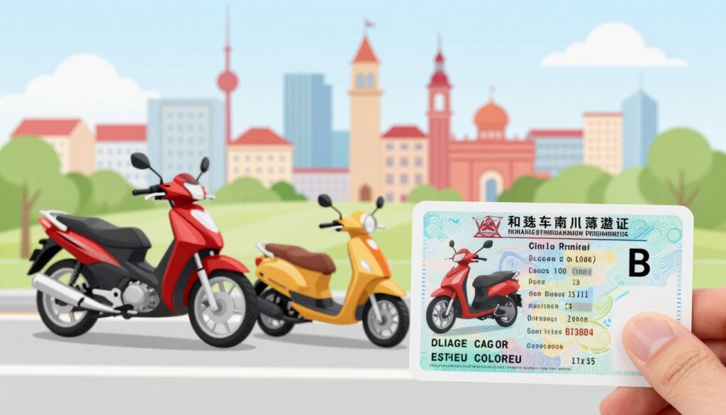 A detailed composition illustrating a motorcycle driving license, specifically category B, showcased prominently in the foreground. In the middle, include an illustrative motorcycle, scooter, and moped, positioned side by side to represent legal driving options in Poland. The background features a stylized cityscape with recognizable Polish landmarks. Bright, natural lighting creates a vibrant atmosphere. The perspective is slightly low, capturing the essence of the vehicles and license while maintaining a balanced composition. The image feels informative, yet engaging, reflecting the essential theme of legality and freedom on two wheels, devoid of any text or distractions. A detailed composition illustrating a motorcycle driving license, specifically category B, showcased prominently in the foreground. In the middle, include an illustrative motorcycle, scooter, and moped, positioned side by side to represent legal driving options in Poland. The background features a stylized cityscape with recognizable Polish landmarks. Bright, natural lighting creates a vibrant atmosphere. The perspective is slightly low, capturing the essence of the vehicles and license while maintaining a balanced composition. The image feels informative, yet engaging, reflecting the essential theme of legality and freedom on two wheels, devoid of any text or distractions.