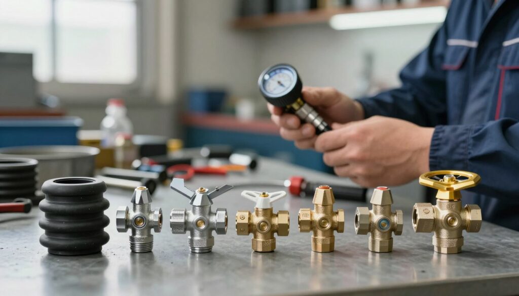A detailed composition showcasing various types of wheel valves (wentyli) positioned on a workbench. In the foreground, rubber, metal, TPMS, and concealed valves are arranged in an organized manner, each clearly differentiated with a focus on textures and materials. The middle ground features a mechanic’s hands inspecting a TPMS valve with precision, highlighting a professional workspace with tools and parts. The background is softly blurred, showcasing a well-lit garage environment with subtle light filtering through windows, enhancing the mood of technical craftsmanship. The lighting is bright and even, emphasizing the details of the valves while keeping the atmosphere professional and focused on the subject matter.