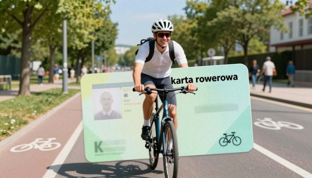 A detailed depiction of a "karta rowerowa" (bike license) prominently displayed in the foreground, with a slight focus on the card's vibrant colors and official design elements. In the middle ground, a cyclist clad in professional casual attire joyfully rides a bicycle along a sunlit path, showcasing safe riding practices. Surrounding the cyclist, a picturesque urban environment with green trees, well-marked bike lanes, and pedestrians enjoying the area. The background features a clear blue sky, enhancing the cheerful atmosphere of a sunny day. The image captures a sense of freedom and responsibility associated with biking on public roads, with soft, natural lighting highlighting the scene. No text or overlays are included in the image.