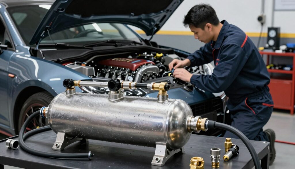 A detailed depiction of a nitrous oxide installation kit for a car, featuring components like a sleek metal nitrous tank, high-pressure hoses, and a variety of fittings. In the foreground, showcase the nitrous tank with condensation on the surface to suggest cooling. In the middle ground, include a close-up view of the installation process with a mechanic in professional business attire, examining the engine bay of a sportscar, surrounded by tools and gauges. The background should display a well-lit garage setting, with ambient lighting highlighting the shiny metallic surfaces of the car and installation components. The atmosphere evokes a sense of precision and professionalism, emphasizing the technical expertise required for the installation process. A detailed depiction of a nitrous oxide installation kit for a car, featuring components like a sleek metal nitrous tank, high-pressure hoses, and a variety of fittings. In the foreground, showcase the nitrous tank with condensation on the surface to suggest cooling. In the middle ground, include a close-up view of the installation process with a mechanic in professional business attire, examining the engine bay of a sportscar, surrounded by tools and gauges. The background should display a well-lit garage setting, with ambient lighting highlighting the shiny metallic surfaces of the car and installation components. The atmosphere evokes a sense of precision and professionalism, emphasizing the technical expertise required for the installation process.