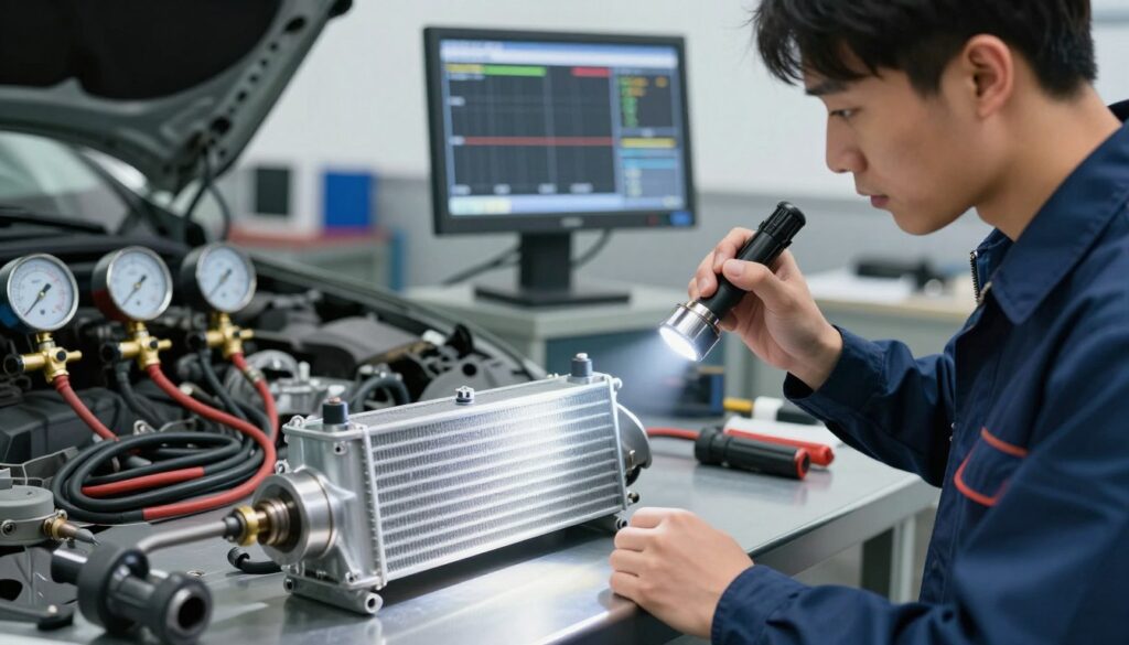 A detailed diagnostic scene showcasing an EGR cooler examination in an automotive workshop. In the foreground, a mechanic wearing professional attire is inspecting the EGR cooler with a flashlight, highlighting its intricate design and components. The middle ground features various tools and equipment related to cooling system diagnostics, such as pressure gauges and hoses, neatly arranged on a workbench. The background reveals a well-organized garage with diagnostic screens displaying engine performance metrics, and bright, focused lighting enhances the clinical atmosphere of the workspace. The image embodies a sense of professionalism and expertise, inviting viewers into the technical world of automotive diagnostics. A detailed diagnostic scene showcasing an EGR cooler examination in an automotive workshop. In the foreground, a mechanic wearing professional attire is inspecting the EGR cooler with a flashlight, highlighting its intricate design and components. The middle ground features various tools and equipment related to cooling system diagnostics, such as pressure gauges and hoses, neatly arranged on a workbench. The background reveals a well-organized garage with diagnostic screens displaying engine performance metrics, and bright, focused lighting enhances the clinical atmosphere of the workspace. The image embodies a sense of professionalism and expertise, inviting viewers into the technical world of automotive diagnostics.