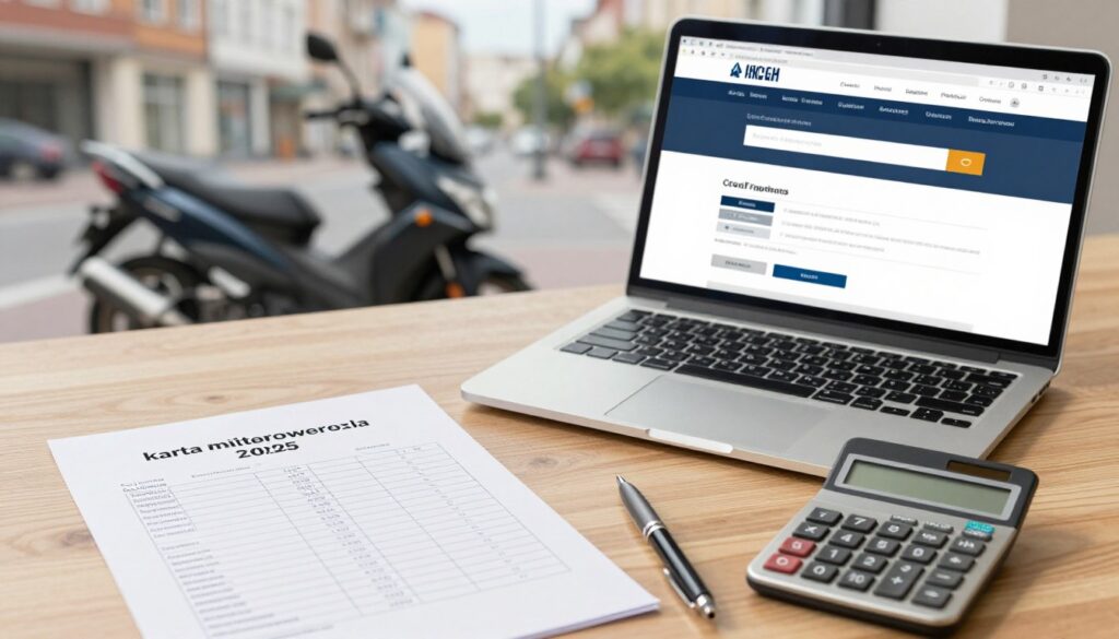 A detailed flat lay image depicting the costs associated with obtaining a motorbike license (karta motorowerowa) in 2025. In the foreground, neatly arranged items include a breakdown of fees listed on paper, a calculator, and a pen. The middle ground features a stylish laptop open to a relevant website about registration procedures. The background shows a blurred cityscape with a motorcycle parked, hinting at urban mobility. Soft, natural lighting floods the scene, creating an inviting atmosphere. The composition should evoke a sense of organization and professionalism, appealing to young adults considering obtaining their motorbike licenses. Focus on clarity and coherence without any text overlays.