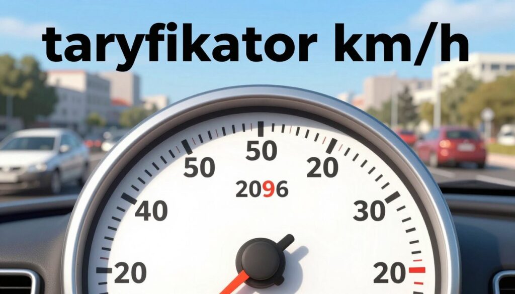 A detailed graphic representing the "taryfikator km/h" for speeding fines in 2026. Foreground features a stylized speedometer, with the needle pointing at various km/h marks, emphasizing different fine amounts corresponding to the speeds. In the middle ground, a blurred city road scene showcases speeding vehicles in motion under a clear blue sky, symbolizing typical traffic. The background includes a faint silhouette of buildings, ensuring the focus remains on the speedometer. The lighting is bright and inviting, suggesting a sunny day, evoking a sense of urgency and awareness about speed limits. The overall atmosphere conveys the importance of adhering to traffic regulations, highlighted by the vivid colors and dynamic composition. A detailed graphic representing the "taryfikator km/h" for speeding fines in 2026. Foreground features a stylized speedometer, with the needle pointing at various km/h marks, emphasizing different fine amounts corresponding to the speeds. In the middle ground, a blurred city road scene showcases speeding vehicles in motion under a clear blue sky, symbolizing typical traffic. The background includes a faint silhouette of buildings, ensuring the focus remains on the speedometer. The lighting is bright and inviting, suggesting a sunny day, evoking a sense of urgency and awareness about speed limits. The overall atmosphere conveys the importance of adhering to traffic regulations, highlighted by the vivid colors and dynamic composition.