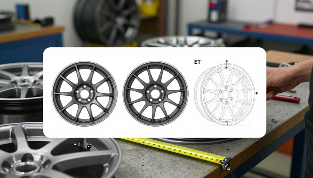 A detailed guide on selecting car wheels, focusing on the elements of ET (offset), bolt pattern, and diameter. The foreground features a close-up of a measuring tape alongside different wheel designs and specifications on a workbench. In the middle, an illustration of a car’s wheel hub displaying the bolt pattern, along with a diagram indicating the offset and diameter of the wheels. The background shows a garage setting with tools and car parts, softly lit to create an organized and professional atmosphere. The image captures a sense of precision and care in choosing the right wheels, with natural light illuminating the workspace to enhance clarity. The overall mood is informative and technical, emphasizing accuracy in automotive choices. A detailed guide on selecting car wheels, focusing on the elements of ET (offset), bolt pattern, and diameter. The foreground features a close-up of a measuring tape alongside different wheel designs and specifications on a workbench. In the middle, an illustration of a car’s wheel hub displaying the bolt pattern, along with a diagram indicating the offset and diameter of the wheels. The background shows a garage setting with tools and car parts, softly lit to create an organized and professional atmosphere. The image captures a sense of precision and care in choosing the right wheels, with natural light illuminating the workspace to enhance clarity. The overall mood is informative and technical, emphasizing accuracy in automotive choices.