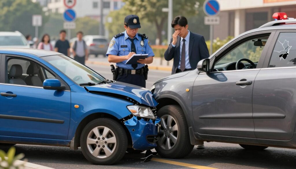 A detailed illustration depicting a car collision scene, focusing on the aftermath of an accident. In the foreground, a damaged blue sedan with crumpled fenders is positioned prominently, alongside a gray SUV with a shattered window. In the middle ground, a professional-looking police officer in a smart uniform is taking notes, and a concerned driver in modest business attire stands by, expressing anxiety. In the background, a blurred city street with traffic signs and onlookers captures the chaotic atmosphere without detailed faces. The lighting is natural, suggesting late afternoon, with soft shadows cast on the asphalt. The mood conveys seriousness and urgency, reflecting the impacts of a traffic collision and potential legal consequences. No text or labels are included in the image.