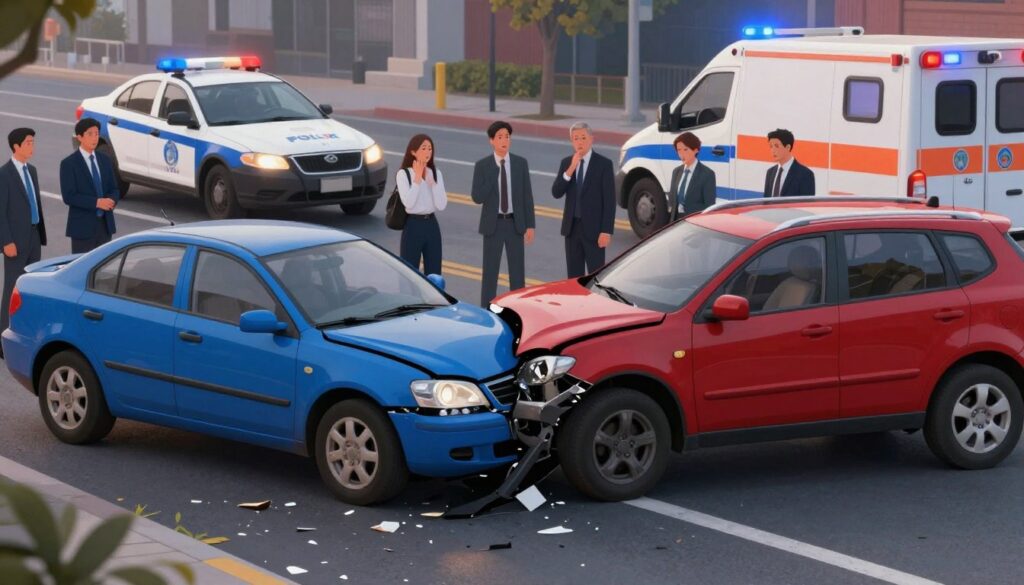 A detailed illustration depicting a car collision scene on a busy urban road. In the foreground, two vehicles are visibly damaged, one is a blue sedan and the other a red SUV. Both cars display clear signs of impact, with scattered debris on the asphalt. The middle ground shows concerned bystanders, dressed in professional attire, observing the situation; their expressions convey shock and empathy. In the background, a police car and an ambulance are parked with flashing lights. Soft, ambient lighting suggests dawn or dusk, creating a somber yet reflective mood. The angle captures the scene from a slightly elevated perspective, allowing for a comprehensive view of the aftermath of the collision without any text or distractions. A detailed illustration depicting a car collision scene on a busy urban road. In the foreground, two vehicles are visibly damaged, one is a blue sedan and the other a red SUV. Both cars display clear signs of impact, with scattered debris on the asphalt. The middle ground shows concerned bystanders, dressed in professional attire, observing the situation; their expressions convey shock and empathy. In the background, a police car and an ambulance are parked with flashing lights. Soft, ambient lighting suggests dawn or dusk, creating a somber yet reflective mood. The angle captures the scene from a slightly elevated perspective, allowing for a comprehensive view of the aftermath of the collision without any text or distractions.