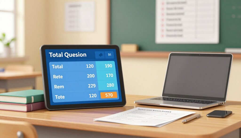 A detailed illustration depicting a structured scoring system for a theoretical driving exam, emphasizing the passing threshold. In the foreground, a digital scoreboard displays various score metrics, such as total questions, correct answers, and passing score. The middle ground features a well-organized study area with books, a laptop, and a mock exam paper, symbolizing preparation for the test. In the background, a soft focus on a classroom environment with a chalkboard showing a checklist of exam criteria. The scene is illuminated by warm, soft lighting to create an encouraging atmosphere, with a shallow depth of field to draw attention to the scoring system while maintaining a professional setting. No people, just an inspiring educational context. A detailed illustration depicting a structured scoring system for a theoretical driving exam, emphasizing the passing threshold. In the foreground, a digital scoreboard displays various score metrics, such as total questions, correct answers, and passing score. The middle ground features a well-organized study area with books, a laptop, and a mock exam paper, symbolizing preparation for the test. In the background, a soft focus on a classroom environment with a chalkboard showing a checklist of exam criteria. The scene is illuminated by warm, soft lighting to create an encouraging atmosphere, with a shallow depth of field to draw attention to the scoring system while maintaining a professional setting. No people, just an inspiring educational context.