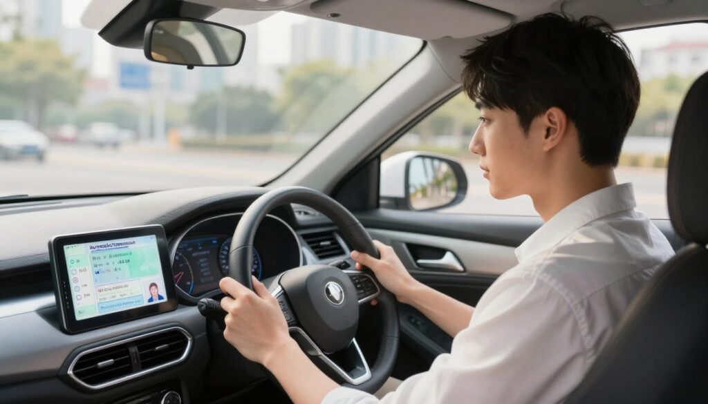 A detailed illustration depicting a young adult seated in a modern car, focused on a dashboard displaying driving controls. The foreground features the driver's hands on the steering wheel, showcasing a calm and attentive expression. In the middle ground, emphasize the driver's license with a visible "automatic transmission" stamp, representing the specific limitations on their driving privileges. The background includes a blurred cityscape, symbolizing the urban environment where these driving rules apply. Soft natural lighting filters through the car windows, creating a warm, inviting atmosphere. The overall mood conveys professionalism and determination, highlighting the complexities of driving restrictions for those who have learned on automatic vehicles. A detailed illustration depicting a young adult seated in a modern car, focused on a dashboard displaying driving controls. The foreground features the driver's hands on the steering wheel, showcasing a calm and attentive expression. In the middle ground, emphasize the driver's license with a visible "automatic transmission" stamp, representing the specific limitations on their driving privileges. The background includes a blurred cityscape, symbolizing the urban environment where these driving rules apply. Soft natural lighting filters through the car windows, creating a warm, inviting atmosphere. The overall mood conveys professionalism and determination, highlighting the complexities of driving restrictions for those who have learned on automatic vehicles.