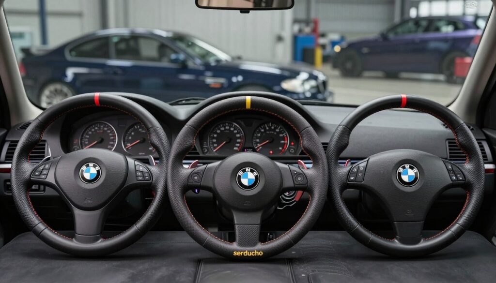 A detailed illustration focusing on three distinct BMW E46 steering wheel types: the standard, the "serducho," and the M Package. In the foreground, display the steering wheels in an arranged layout, showcasing their unique shapes, textures, and designs, with attention to stitching and materials. In the middle ground, include a sleek BMW E46 dashboard hinting at the car’s interior ambiance. The background should feature a subtle blurred impression of an automotive workshop, with soft lighting illuminating the steering wheels to enhance their details and create a polished, professional atmosphere. Use a wide-angle lens to capture all elements harmoniously, evoking an informative yet stylish mood suitable for car enthusiasts. A detailed illustration focusing on three distinct BMW E46 steering wheel types: the standard, the "serducho," and the M Package. In the foreground, display the steering wheels in an arranged layout, showcasing their unique shapes, textures, and designs, with attention to stitching and materials. In the middle ground, include a sleek BMW E46 dashboard hinting at the car’s interior ambiance. The background should feature a subtle blurred impression of an automotive workshop, with soft lighting illuminating the steering wheels to enhance their details and create a polished, professional atmosphere. Use a wide-angle lens to capture all elements harmoniously, evoking an informative yet stylish mood suitable for car enthusiasts.