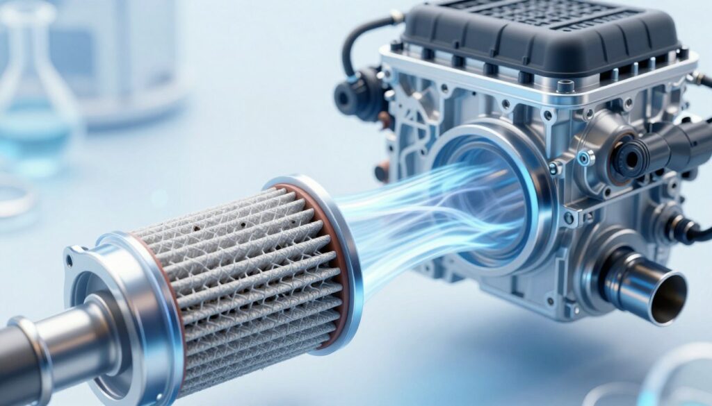 A detailed illustration of a Gasoline Particulate Filter (GPF) in action within a modern gasoline engine. The foreground showcases a transparent section of the GPF, highlighting its intricate design with ceramic materials and a mesh structure for trapping soot. The middle ground features exhaust gases visibly flowing through the filter, with swirling patterns indicating the filtering process. In the background, a stylized engine block is partially visible, emphasizing the connection of the GPF to the overall engine system. The scene is brightly lit with a soft, scientific blue tone, evoking a clean and technical atmosphere. The angle captures both the filter and the flowing gases from a slightly high perspective, enhancing the visual dynamics of the filtration mechanism in practice. A detailed illustration of a Gasoline Particulate Filter (GPF) in action within a modern gasoline engine. The foreground showcases a transparent section of the GPF, highlighting its intricate design with ceramic materials and a mesh structure for trapping soot. The middle ground features exhaust gases visibly flowing through the filter, with swirling patterns indicating the filtering process. In the background, a stylized engine block is partially visible, emphasizing the connection of the GPF to the overall engine system. The scene is brightly lit with a soft, scientific blue tone, evoking a clean and technical atmosphere. The angle captures both the filter and the flowing gases from a slightly high perspective, enhancing the visual dynamics of the filtration mechanism in practice.