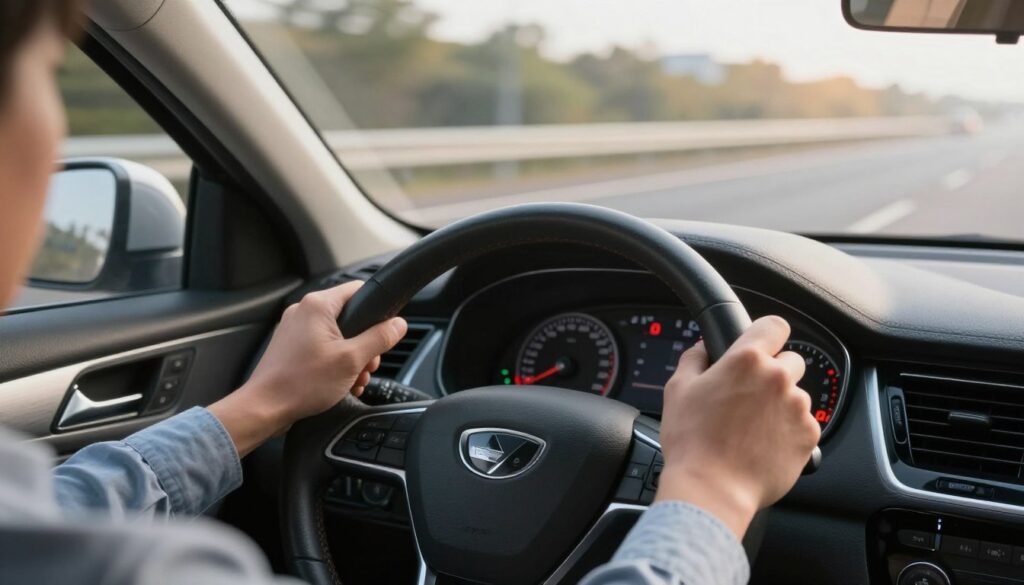 A detailed illustration of a car dashboard during a DPF regeneration process, showing warning lights indicating errors. In the foreground, emphasize the driver's hands gripping the steering wheel, wearing a business casual shirt. The middle ground features a clear view of the instrument cluster, with specific warning symbols related to DPF issues illuminated. The background showcases a blurred highway scene, conveying motion and speed. The lighting is bright, simulating daylight with a hint of golden hour glow, enhancing the tension of a critical situation. The atmosphere feels urgent and focused, reflecting the need to address the errors preventing proper DPF regeneration, while emphasizing the complexities of driving and vehicle maintenance. A detailed illustration of a car dashboard during a DPF regeneration process, showing warning lights indicating errors. In the foreground, emphasize the driver's hands gripping the steering wheel, wearing a business casual shirt. The middle ground features a clear view of the instrument cluster, with specific warning symbols related to DPF issues illuminated. The background showcases a blurred highway scene, conveying motion and speed. The lighting is bright, simulating daylight with a hint of golden hour glow, enhancing the tension of a critical situation. The atmosphere feels urgent and focused, reflecting the need to address the errors preventing proper DPF regeneration, while emphasizing the complexities of driving and vehicle maintenance.
