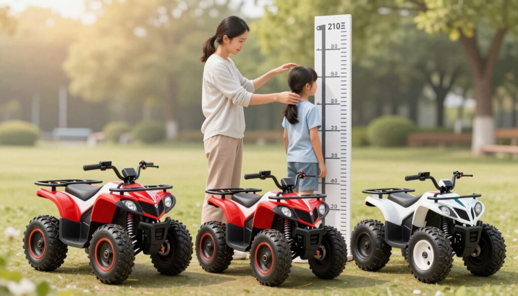 A detailed illustration of a child-friendly electric quad bike selection process, showcasing various quads suitable for different ages and weights. In the foreground, feature three diverse electric quad models, brightly colored and designed for safety, with emphasis on size differences. In the middle background, a helpful adult figure, dressed in modest casual clothing, is demonstrating how to measure a child’s height and weight, positioned next to a height chart. In the distant background, a serene outdoor park setting with soft sunlight filtering through trees, creating a warm and inviting atmosphere for families. The focus should evoke a sense of safety, guidance, and fun, highlighting the importance of choosing the right quad for a child's age and stature. A detailed illustration of a child-friendly electric quad bike selection process, showcasing various quads suitable for different ages and weights. In the foreground, feature three diverse electric quad models, brightly colored and designed for safety, with emphasis on size differences. In the middle background, a helpful adult figure, dressed in modest casual clothing, is demonstrating how to measure a child’s height and weight, positioned next to a height chart. In the distant background, a serene outdoor park setting with soft sunlight filtering through trees, creating a warm and inviting atmosphere for families. The focus should evoke a sense of safety, guidance, and fun, highlighting the importance of choosing the right quad for a child's age and stature.