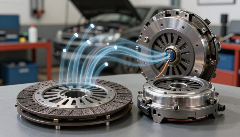 A detailed illustration of a clutch system showcasing various components like the clutch disc, pressure plate, and release bearing. In the foreground, display the clutch components clearly, with a focus on their intricate details and textures, such as the friction surfaces of the disc and the metallic sheen of the pressure plate. In the middle, include a semi-transparent diagram overlay that highlights airflow and hydraulic lines, symbolizing the effects of air in the system. The background should be a blurred automotive workshop filled with tools and equipment to add context. Soft, focused lighting should emphasize the metallic parts, creating a technical and informative mood while maintaining clarity and precision. A detailed illustration of a clutch system showcasing various components like the clutch disc, pressure plate, and release bearing. In the foreground, display the clutch components clearly, with a focus on their intricate details and textures, such as the friction surfaces of the disc and the metallic sheen of the pressure plate. In the middle, include a semi-transparent diagram overlay that highlights airflow and hydraulic lines, symbolizing the effects of air in the system. The background should be a blurred automotive workshop filled with tools and equipment to add context. Soft, focused lighting should emphasize the metallic parts, creating a technical and informative mood while maintaining clarity and precision.