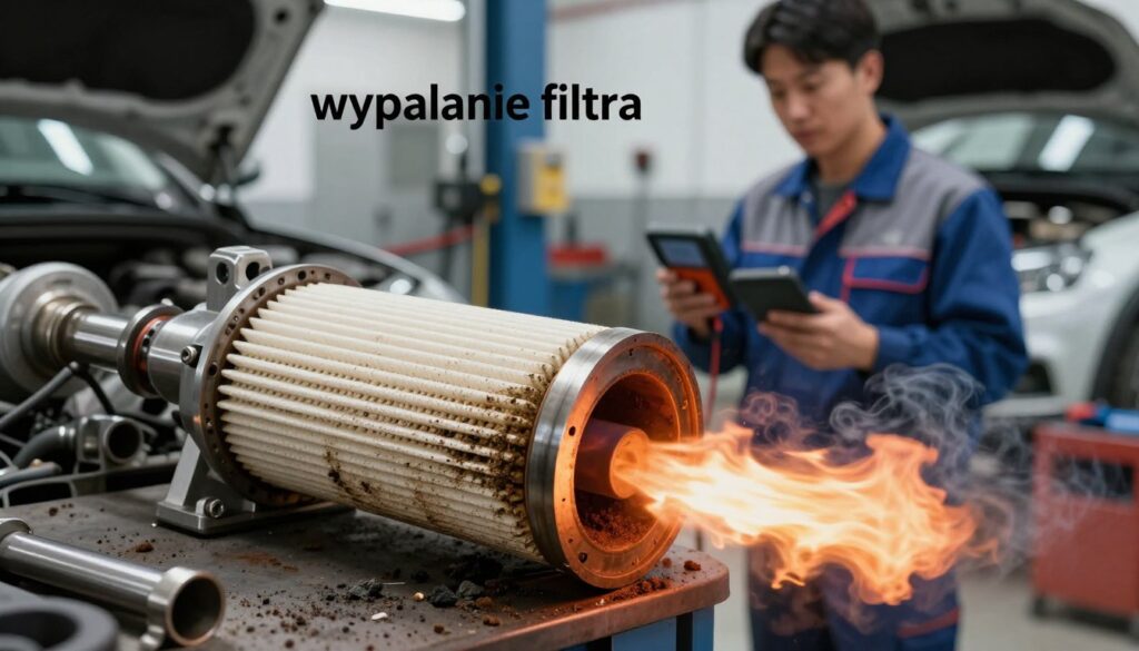 A detailed illustration of a diesel particulate filter (DPF) undergoing the regeneration process, focused on the concept of "wypalanie filtra." In the foreground, a close-up view of the DPF, with visible soot and ash buildup being expelled as flames and smoke are released from the exhaust. The middle ground features a mechanic in professional attire, observing the filter with a diagnostic tool in hand, showcasing the technical aspect of active and passive regeneration. In the background, a well-lit automotive workshop setting with tools and equipment, conveying a sense of professionalism and technical expertise. The lighting is bright, emphasizing the process, while the atmosphere is slightly smoky, evoking the intensity of removing contaminants from the filter. A detailed illustration of a diesel particulate filter (DPF) undergoing the regeneration process, focused on the concept of "wypalanie filtra." In the foreground, a close-up view of the DPF, with visible soot and ash buildup being expelled as flames and smoke are released from the exhaust. The middle ground features a mechanic in professional attire, observing the filter with a diagnostic tool in hand, showcasing the technical aspect of active and passive regeneration. In the background, a well-lit automotive workshop setting with tools and equipment, conveying a sense of professionalism and technical expertise. The lighting is bright, emphasizing the process, while the atmosphere is slightly smoky, evoking the intensity of removing contaminants from the filter.