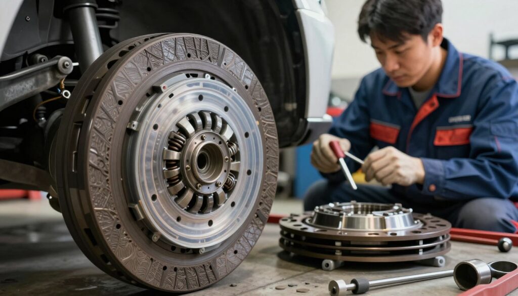 A detailed illustration of a friction clutch system in action, showcasing the various components like the pressure plate, clutch disc, and flywheel. In the foreground, focus on a partially transparent clutch disc to reveal the internal structure, displaying friction materials and springs. In the middle ground, include a mechanic in professional work attire, attentively examining the clutch components with tools in hand. The background features a well-lit workshop environment, equipped with tools and parts related to automotive repair. Use natural lighting to highlight the textures of the metals and the intricacies of the mechanisms. The atmosphere should be educational yet engaging, encouraging viewers to understand the workings of the clutch system step by step. A detailed illustration of a friction clutch system in action, showcasing the various components like the pressure plate, clutch disc, and flywheel. In the foreground, focus on a partially transparent clutch disc to reveal the internal structure, displaying friction materials and springs. In the middle ground, include a mechanic in professional work attire, attentively examining the clutch components with tools in hand. The background features a well-lit workshop environment, equipped with tools and parts related to automotive repair. Use natural lighting to highlight the textures of the metals and the intricacies of the mechanisms. The atmosphere should be educational yet engaging, encouraging viewers to understand the workings of the clutch system step by step.