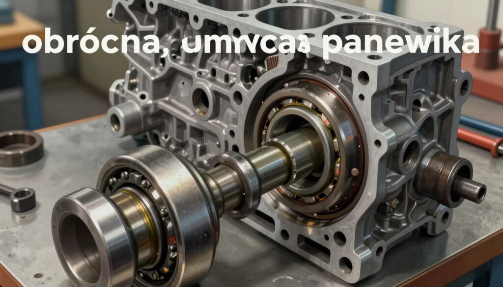 A detailed illustration of a "obrócona panewka" in an engine setting. In the foreground, showcase a close-up view of a damaged crankshaft bearing shell, with visible signs of wear and misalignment. The middle ground should include a partially disassembled engine block, highlighting the specific area where the bearing is located. Use soft, diffused lighting to create a technical and informative atmosphere, allowing shadows to enhance the textures and details of the metal components. In the background, hints of tools and engine assembly parts can be seen, adding to the mechanical workshop environment. The image should communicate a sense of technical scrutiny and the consequences of bearing failure without any distractions or text. A detailed illustration of a "obrócona panewka" in an engine setting. In the foreground, showcase a close-up view of a damaged crankshaft bearing shell, with visible signs of wear and misalignment. The middle ground should include a partially disassembled engine block, highlighting the specific area where the bearing is located. Use soft, diffused lighting to create a technical and informative atmosphere, allowing shadows to enhance the textures and details of the metal components. In the background, hints of tools and engine assembly parts can be seen, adding to the mechanical workshop environment. The image should communicate a sense of technical scrutiny and the consequences of bearing failure without any distractions or text.