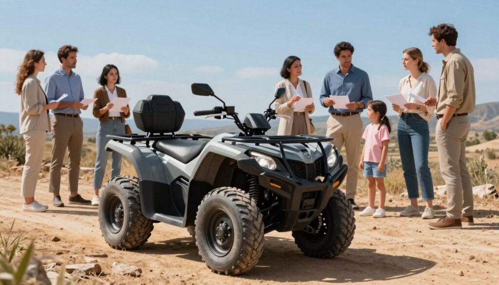 A detailed illustration of a quad bike (ATV) positioned prominently in the foreground, symbolizing the various driving licenses associated with its operation. The quad is parked on uneven, rugged terrain, highlighting its robust design. In the middle ground, a diverse group of people, dressed in professional and modest casual clothing, are discussing licensing requirements, indicating both adults and children. The background features a scenic landscape with a clear blue sky and distant hills, enhancing the adventurous theme. The lighting is bright and natural, creating a vivid and inviting atmosphere, with soft shadows cast by the sun, suggesting a sunny day. The angle is slightly elevated, capturing both the quad and the engaged individuals effectively without any text or overlays. A detailed illustration of a quad bike (ATV) positioned prominently in the foreground, symbolizing the various driving licenses associated with its operation. The quad is parked on uneven, rugged terrain, highlighting its robust design. In the middle ground, a diverse group of people, dressed in professional and modest casual clothing, are discussing licensing requirements, indicating both adults and children. The background features a scenic landscape with a clear blue sky and distant hills, enhancing the adventurous theme. The lighting is bright and natural, creating a vivid and inviting atmosphere, with soft shadows cast by the sun, suggesting a sunny day. The angle is slightly elevated, capturing both the quad and the engaged individuals effectively without any text or overlays.