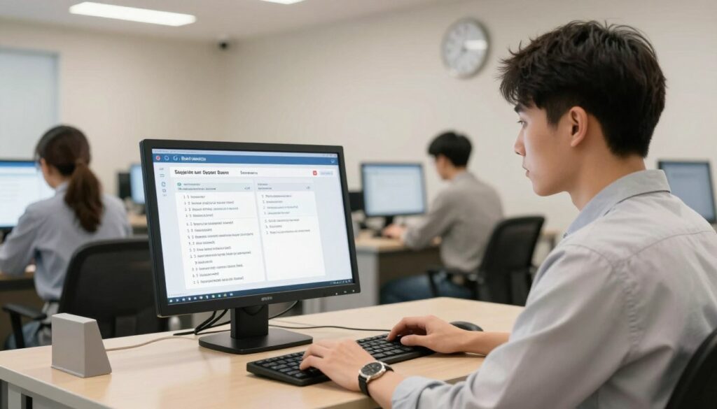 A detailed illustration of a theoretical driving exam in progress. In the foreground, a professional-looking young adult wearing smart casual attire is intently focused on a computer screen, answering questions. In the middle, a computer setup featuring a bright monitor displaying a mock driving test interface with multiple-choice questions and a timer ticking down. The background shows a modern examination room with soft lighting and neutral-colored walls, enhancing the atmosphere of concentration and anticipation. A clock on the wall indicates the passing of time, while a few other candidates can be seen in the distance, also engaged in their exams. The scene captures a sense of seriousness and professionalism, emphasizing the importance of this crucial step in obtaining a driver's license. A detailed illustration of a theoretical driving exam in progress. In the foreground, a professional-looking young adult wearing smart casual attire is intently focused on a computer screen, answering questions. In the middle, a computer setup featuring a bright monitor displaying a mock driving test interface with multiple-choice questions and a timer ticking down. The background shows a modern examination room with soft lighting and neutral-colored walls, enhancing the atmosphere of concentration and anticipation. A clock on the wall indicates the passing of time, while a few other candidates can be seen in the distance, also engaged in their exams. The scene captures a sense of seriousness and professionalism, emphasizing the importance of this crucial step in obtaining a driver's license.