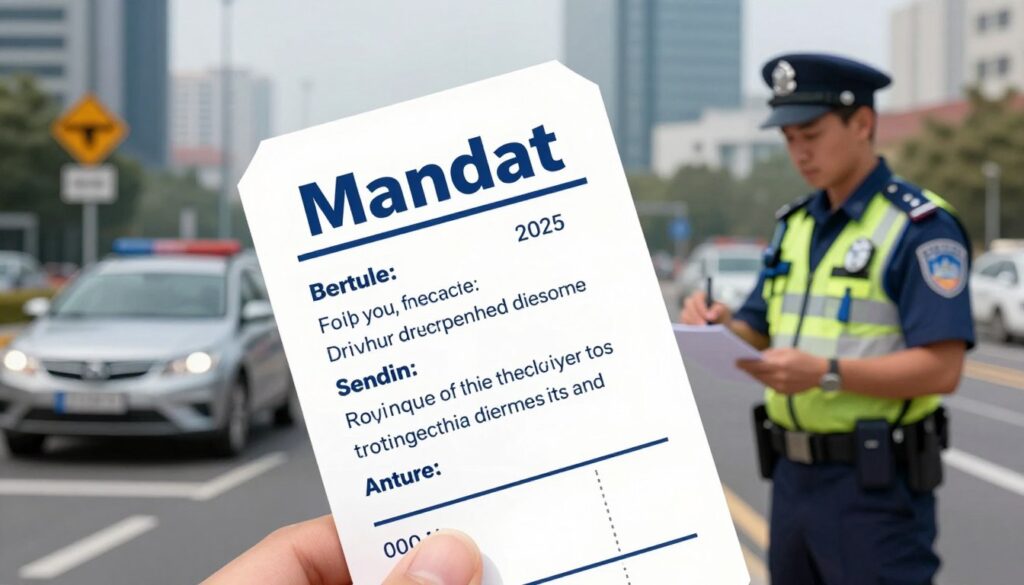 A detailed illustration of a traffic fine notice prominently displayed in the foreground, featuring a stylized design of a ticket with "Mandat" at the top in bold letters. In the middle ground, include a blurred image of a police officer in a professional uniform, writing a ticket near a parked car. The background should depict an urban street setting, showcasing traffic signs and a modern cityscape under overcast skies, creating a serious atmosphere. Soft diffused lighting should cast gentle shadows, enhancing the professionalism of the scene. The composition should convey a sense of authority and compliance with traffic laws, emphasizing the consequences of driving without a license in 2025. A detailed illustration of a traffic fine notice prominently displayed in the foreground, featuring a stylized design of a ticket with "Mandat" at the top in bold letters. In the middle ground, include a blurred image of a police officer in a professional uniform, writing a ticket near a parked car. The background should depict an urban street setting, showcasing traffic signs and a modern cityscape under overcast skies, creating a serious atmosphere. Soft diffused lighting should cast gentle shadows, enhancing the professionalism of the scene. The composition should convey a sense of authority and compliance with traffic laws, emphasizing the consequences of driving without a license in 2025.