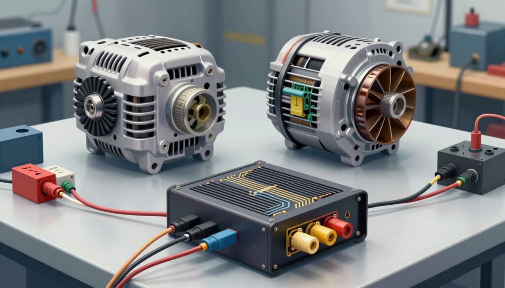 A detailed illustration of a voltage regulator, prominently positioned in the foreground, showcasing intricate components and circuitry. The regulator is mounted on a sleek surface, with carefully arranged wires extending from it to power sources, creating a dynamic sense of motion. In the middle ground, an overview of an automotive alternator provides context, with clear labeling of key parts, such as the rotor and stator, beneath soft, diffused lighting. The background is a blurred workshop environment, filled with tools and technical equipment, reinforcing the engineering theme. The overall mood is technical and informative, emphasizing clarity and precision, suitable for educational purposes. The image should have a polished, professional look without any text or distractions.
