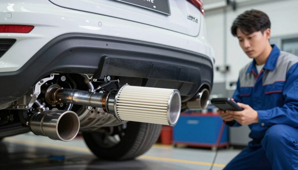 A detailed illustration of the DPF filter and its location within a car's exhaust system. In the foreground, show a cutaway view of a modern diesel vehicle, highlighting the DPF filter clearly visible in the exhaust pipe. The middle ground features a mechanic in professional attire, examining the exhaust components with a diagnostic tool, conveying a sense of expertise. The background includes a workshop environment with tools and equipment subtly blurred to focus on the filter. Use bright, natural lighting to enhance visibility of the technical details, with a perspective angle that emphasizes the DPF's integral position in the exhaust system. The overall mood is informative and professional, showcasing the importance of the DPF in diesel vehicles. A detailed illustration of the DPF filter and its location within a car's exhaust system. In the foreground, show a cutaway view of a modern diesel vehicle, highlighting the DPF filter clearly visible in the exhaust pipe. The middle ground features a mechanic in professional attire, examining the exhaust components with a diagnostic tool, conveying a sense of expertise. The background includes a workshop environment with tools and equipment subtly blurred to focus on the filter. Use bright, natural lighting to enhance visibility of the technical details, with a perspective angle that emphasizes the DPF's integral position in the exhaust system. The overall mood is informative and professional, showcasing the importance of the DPF in diesel vehicles.