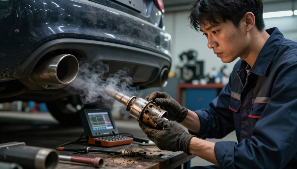 A detailed illustration of the consequences of forced DPF regeneration in a car workshop setting. In the foreground, a mechanic in professional attire examines a malfunctioning exhaust system, showcasing soot and residue buildup around the DPF. In the middle, a vehicle with visible smoke emanating from the tailpipe indicates improper burning, while tools and diagnostic equipment are scattered on a workbench. In the background, a dimly lit workshop filled with vehicle parts and a faint glow of an overhead light creates a tense atmosphere. Highlight the mechanic's focused expression, emphasizing the importance of safe practices. Use a close-up angle that captures the mechanics' actions and the pollution details, with a somber color palette to reflect the seriousness of the topic. A detailed illustration of the consequences of forced DPF regeneration in a car workshop setting. In the foreground, a mechanic in professional attire examines a malfunctioning exhaust system, showcasing soot and residue buildup around the DPF. In the middle, a vehicle with visible smoke emanating from the tailpipe indicates improper burning, while tools and diagnostic equipment are scattered on a workbench. In the background, a dimly lit workshop filled with vehicle parts and a faint glow of an overhead light creates a tense atmosphere. Highlight the mechanic's focused expression, emphasizing the importance of safe practices. Use a close-up angle that captures the mechanics' actions and the pollution details, with a somber color palette to reflect the seriousness of the topic.