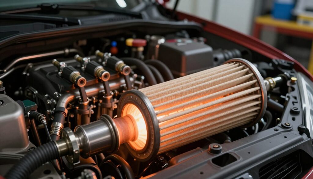A detailed illustration of the regeneration and burning process of a Gasoline Particulate Filter (GPF) in a modern gasoline engine. In the foreground, showcase a close-up view of the GPF, glowing slightly from high temperatures during the regeneration phase, with intricate details of the filter structure visible. The middle ground features an engine bay with components like fuel injectors and sensors, illuminated by a warm, ambient light that suggests a working engine. The background displays a workshop setting, slightly blurred to emphasize the foreground, with tools and equipment subtly visible. The overall atmosphere conveys a sense of technical precision and efficiency, with focused lighting highlighting the GPF's crucial role in emissions control. A detailed illustration of the regeneration and burning process of a Gasoline Particulate Filter (GPF) in a modern gasoline engine. In the foreground, showcase a close-up view of the GPF, glowing slightly from high temperatures during the regeneration phase, with intricate details of the filter structure visible. The middle ground features an engine bay with components like fuel injectors and sensors, illuminated by a warm, ambient light that suggests a working engine. The background displays a workshop setting, slightly blurred to emphasize the foreground, with tools and equipment subtly visible. The overall atmosphere conveys a sense of technical precision and efficiency, with focused lighting highlighting the GPF's crucial role in emissions control.