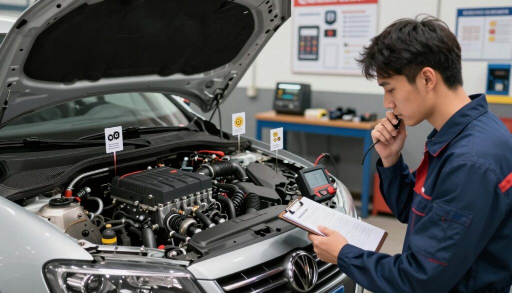 A detailed illustration of unexpected additional costs associated with chip tuning for a 1.9 TDI car. In the foreground, display a mechanic in a professional attire inspecting the engine of a car with a diagnostic tool, looking thoughtfully at a notepad. The middle layer should show the car’s engine, highlighting various components like the ECU and airflow system, with visible price tags or small icons that represent costs (like gears or coins). In the background, show an auto repair shop with tools and charts outlining tuning options, ambient lighting that creates a focused atmosphere. The overall mood should be informative and professional, emphasizing the technical aspect of chip tuning and its hidden costs, captured with a slight depth of field for added focus. A detailed illustration of unexpected additional costs associated with chip tuning for a 1.9 TDI car. In the foreground, display a mechanic in a professional attire inspecting the engine of a car with a diagnostic tool, looking thoughtfully at a notepad. The middle layer should show the car’s engine, highlighting various components like the ECU and airflow system, with visible price tags or small icons that represent costs (like gears or coins). In the background, show an auto repair shop with tools and charts outlining tuning options, ambient lighting that creates a focused atmosphere. The overall mood should be informative and professional, emphasizing the technical aspect of chip tuning and its hidden costs, captured with a slight depth of field for added focus.