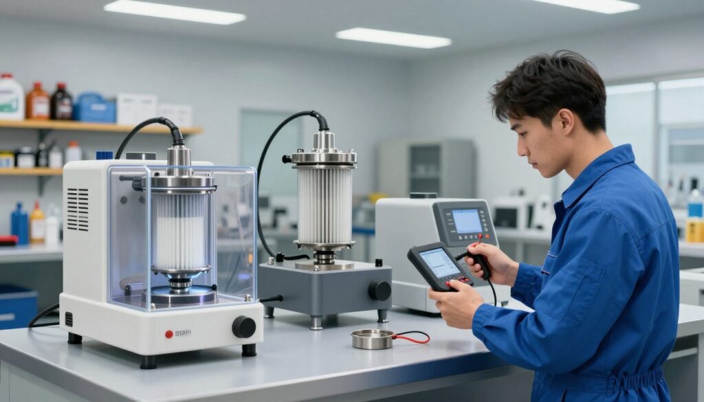A detailed illustration of various DPF regeneration methods displayed in a clean, organized workshop environment. In the foreground, a technician wearing a blue jumpsuit is inspecting a DPF filter with diagnostic tools, showcasing the importance of proper maintenance. In the middle, a clear view of different regeneration equipment, such as a machine for chemical cleaning and a device for thermal regeneration, highlighting their advanced technology. The background features shelves with automotive supplies and tools, softly lit with overhead fluorescent lights creating a professional and industrious atmosphere. The angle is slightly above eye-level to capture all elements effectively, emphasizing a sense of expertise and precision in DPF cleaning and regeneration practices. A detailed illustration of various DPF regeneration methods displayed in a clean, organized workshop environment. In the foreground, a technician wearing a blue jumpsuit is inspecting a DPF filter with diagnostic tools, showcasing the importance of proper maintenance. In the middle, a clear view of different regeneration equipment, such as a machine for chemical cleaning and a device for thermal regeneration, highlighting their advanced technology. The background features shelves with automotive supplies and tools, softly lit with overhead fluorescent lights creating a professional and industrious atmosphere. The angle is slightly above eye-level to capture all elements effectively, emphasizing a sense of expertise and precision in DPF cleaning and regeneration practices.