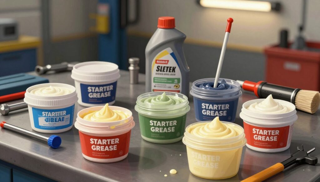 A detailed illustration of various types of starter greases, showcasing small containers of different lubricants with distinctive labels, arranged neatly on a workbench. In the foreground, a close-up view highlights the textures and colors of the greases – some are thick and creamy, while others are more fluid. Each container should have a unique design, indicating its specific use. In the middle ground, tools such as grease guns and brushes are positioned alongside the containers for context. The background features a softly blurred garage setting, illuminated by warm overhead lighting, creating a workshop atmosphere. The overall mood is technical and professional, reflecting an environment focused on automotive maintenance and repair. A detailed illustration of various types of starter greases, showcasing small containers of different lubricants with distinctive labels, arranged neatly on a workbench. In the foreground, a close-up view highlights the textures and colors of the greases – some are thick and creamy, while others are more fluid. Each container should have a unique design, indicating its specific use. In the middle ground, tools such as grease guns and brushes are positioned alongside the containers for context. The background features a softly blurred garage setting, illuminated by warm overhead lighting, creating a workshop atmosphere. The overall mood is technical and professional, reflecting an environment focused on automotive maintenance and repair.