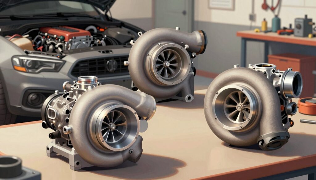 A detailed illustration showcasing various types of turbochargers in a dynamic automotive setting. In the foreground, prominently display a modern twin-scroll turbocharger with intricate components gleaming under soft, natural lighting. In the middle, include a traditional single-scroll turbocharger, emphasizing its robust structure, alongside a compact variable geometry turbocharger with adjustable fins, highlighted by dramatic side lighting to accentuate its features. In the background, a high-performance engine bay is visible with tools and machinery, set in a clean workshop environment with warm, inviting lighting to create a professional atmosphere. The overall mood conveys a sense of engineering innovation and performance, ideal for an informative technical article. A detailed illustration showcasing various types of turbochargers in a dynamic automotive setting. In the foreground, prominently display a modern twin-scroll turbocharger with intricate components gleaming under soft, natural lighting. In the middle, include a traditional single-scroll turbocharger, emphasizing its robust structure, alongside a compact variable geometry turbocharger with adjustable fins, highlighted by dramatic side lighting to accentuate its features. In the background, a high-performance engine bay is visible with tools and machinery, set in a clean workshop environment with warm, inviting lighting to create a professional atmosphere. The overall mood conveys a sense of engineering innovation and performance, ideal for an informative technical article.