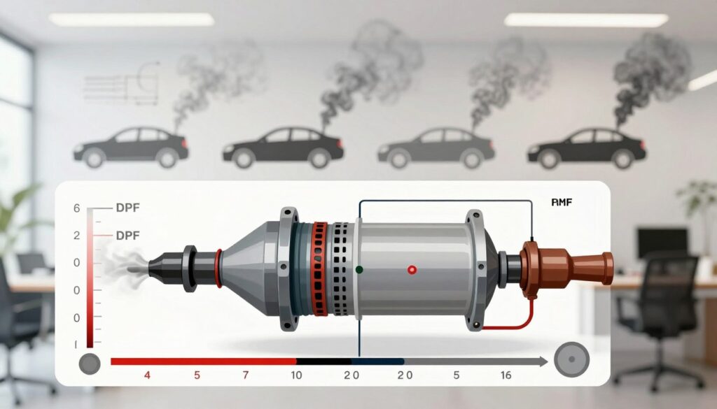 A detailed illustration showing the interpretation of smoke coefficient values in relation to DPF (Diesel Particulate Filter) and Euro standards. In the foreground, a clear and informative infographic-style representation of smoke measurement values, including visual scales and indicators. The middle layer features a diagram of a DPF with labeled components showcasing its function and importance in emissions control. The background includes technical schematics and silhouettes of cars emitting varying levels of smoke, under a bright, professional office environment with soft, even lighting. The mood is educational and engaging, aimed at helping the viewer understand complex technical data simply and effectively. No text or annotations included. A detailed illustration showing the interpretation of smoke coefficient values in relation to DPF (Diesel Particulate Filter) and Euro standards. In the foreground, a clear and informative infographic-style representation of smoke measurement values, including visual scales and indicators. The middle layer features a diagram of a DPF with labeled components showcasing its function and importance in emissions control. The background includes technical schematics and silhouettes of cars emitting varying levels of smoke, under a bright, professional office environment with soft, even lighting. The mood is educational and engaging, aimed at helping the viewer understand complex technical data simply and effectively. No text or annotations included.