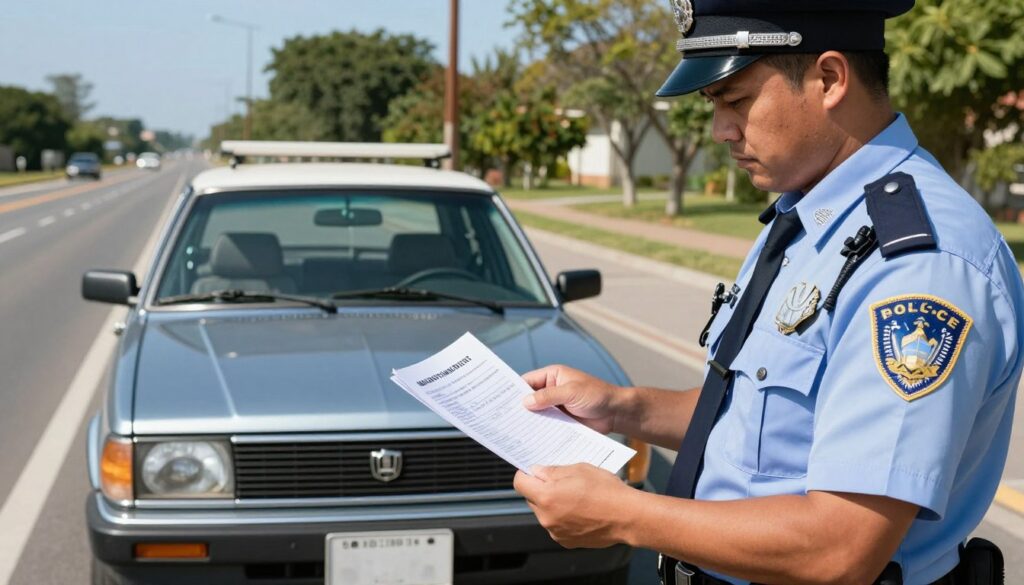 A detailed image capturing a police officer issuing a traffic ticket for not wearing a seatbelt. In the foreground, the focused scene includes a stern-looking officer in a professional uniform, holding a citation pad with a serious expression, emphasizing the consequences of not buckling up. In the middle ground, there’s an older car parked on the side of the road, showcasing its vintage design and interior, highlighting the absence of seatbelts. The background features a sunny day with a clear blue sky and a stretch of road lined with trees, suggesting a casual driving environment. The lighting is bright and natural, creating a realistic atmosphere. The overall mood conveys the seriousness of road safety regulations and legal responsibilities.