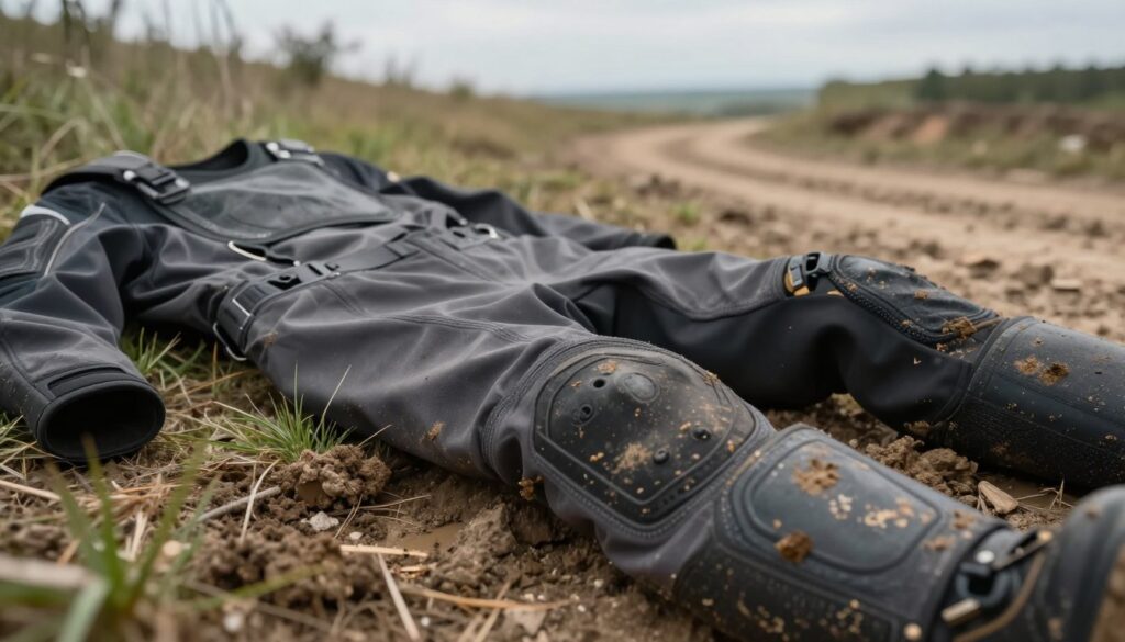 A detailed image depicting a close-up view of a quad riding suit laid out on rugged terrain. In the foreground, focus on the textured fabric of the suit, showcasing its reinforced stitching, heavy-duty material, and protective padding, emphasizing durability. In the middle ground, include elements like dirt, mud splatters, and grassy patches to reflect the off-road environment, highlighting the suit's suitability for outdoor adventures. The background should feature a blurred landscape of off-road trails under a soft, overcast sky, creating a rugged yet serene atmosphere. Use natural, diffused lighting to enhance the textures and show the details of the material. The mood conveys readiness for adventure and durability in challenging conditions. A detailed image depicting a close-up view of a quad riding suit laid out on rugged terrain. In the foreground, focus on the textured fabric of the suit, showcasing its reinforced stitching, heavy-duty material, and protective padding, emphasizing durability. In the middle ground, include elements like dirt, mud splatters, and grassy patches to reflect the off-road environment, highlighting the suit's suitability for outdoor adventures. The background should feature a blurred landscape of off-road trails under a soft, overcast sky, creating a rugged yet serene atmosphere. Use natural, diffused lighting to enhance the textures and show the details of the material. The mood conveys readiness for adventure and durability in challenging conditions.