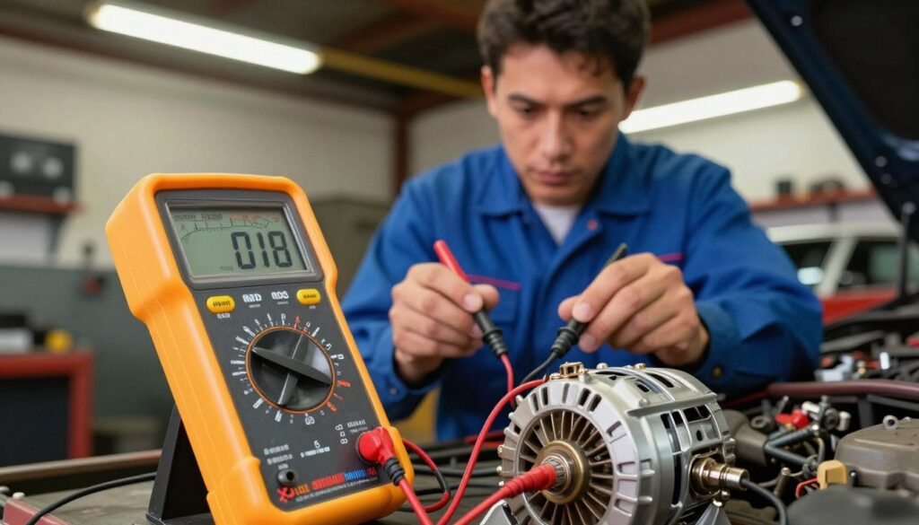 A detailed image of a car alternator being measured with a multimeter. In the foreground, a close-up of a digital multimeter showing voltage readings, with its probes connected to the car's alternator terminals. In the middle ground, a mechanic in a professional blue jumpsuit carefully monitors the device, focused and attentive, ensuring accuracy in the measurement. The background features a classic garage setting with tools and car parts scattered around, well-lit with warm fluorescent lights creating a technical and industrious atmosphere. The perspective is slightly tilted to emphasize the multimeter and alternator, capturing a moment of precise automotive diagnostics in vibrant colors. A detailed image of a car alternator being measured with a multimeter. In the foreground, a close-up of a digital multimeter showing voltage readings, with its probes connected to the car's alternator terminals. In the middle ground, a mechanic in a professional blue jumpsuit carefully monitors the device, focused and attentive, ensuring accuracy in the measurement. The background features a classic garage setting with tools and car parts scattered around, well-lit with warm fluorescent lights creating a technical and industrious atmosphere. The perspective is slightly tilted to emphasize the multimeter and alternator, capturing a moment of precise automotive diagnostics in vibrant colors.