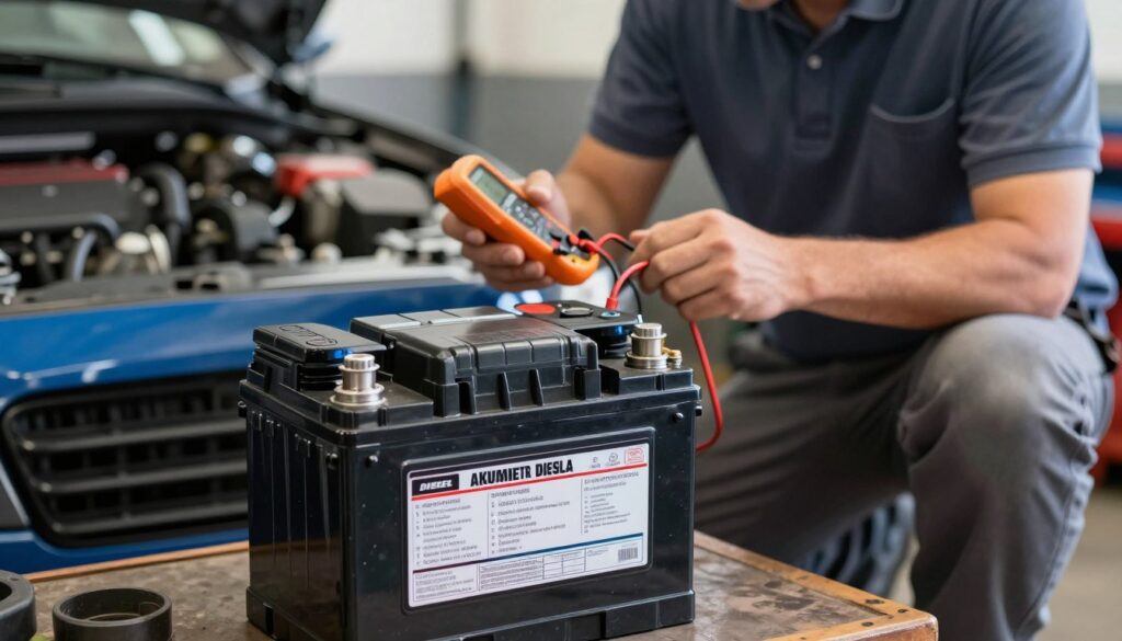 A detailed image of a diesel battery (akumulator diesla) in a workshop setting. In the foreground, focus on a high-performance diesel battery with smooth casing and clear labels showing specifications, including cold cranking amps and capacity. In the middle ground, include a mechanic in modest casual clothing, inspecting the battery with a multimeter in hand, reflecting professionalism. In the background, depict a garage atmosphere with tools, a workbench, and a partially visible diesel engine, emphasizing the maintenance aspect. Soft, natural lighting creates a realistic setting, with a shallow depth of field to highlight the battery while keeping the surroundings slightly blurred. Capture an informative and diligent mood, conveying the importance of choosing the right battery for diesel engines. A detailed image of a diesel battery (akumulator diesla) in a workshop setting. In the foreground, focus on a high-performance diesel battery with smooth casing and clear labels showing specifications, including cold cranking amps and capacity. In the middle ground, include a mechanic in modest casual clothing, inspecting the battery with a multimeter in hand, reflecting professionalism. In the background, depict a garage atmosphere with tools, a workbench, and a partially visible diesel engine, emphasizing the maintenance aspect. Soft, natural lighting creates a realistic setting, with a shallow depth of field to highlight the battery while keeping the surroundings slightly blurred. Capture an informative and diligent mood, conveying the importance of choosing the right battery for diesel engines.