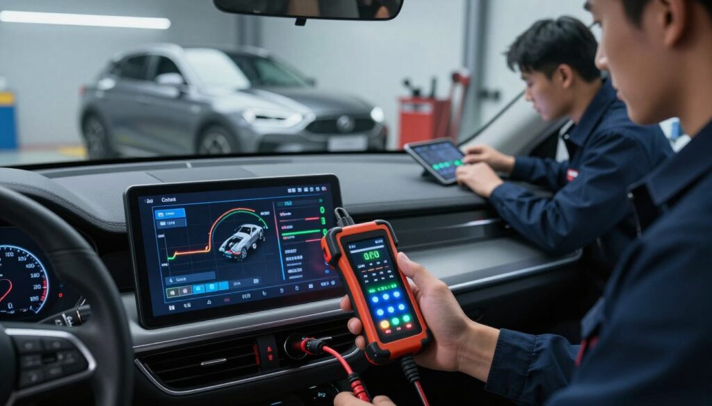 A detailed image of a modern car dashboard displaying a chip tuning interface, with dynamic graphs showcasing engine performance improvements. In the foreground, a close-up of a car's diagnostic tool connected to the OBD-II port, with glowing LED lights indicating active data communication. The middle ground features a focused mechanic in professional attire, analyzing the vehicle's performance metrics on a tablet. The background shows a sleek car in a well-lit automotive garage with tools and equipment neatly arranged. Soft, ambient lighting enhances the high-tech atmosphere, while the angle creates a sense of depth, guiding the viewer's eye from the tool to the performance data, encapsulating the essence of chip tuning effects and the value it brings. A detailed image of a modern car dashboard displaying a chip tuning interface, with dynamic graphs showcasing engine performance improvements. In the foreground, a close-up of a car's diagnostic tool connected to the OBD-II port, with glowing LED lights indicating active data communication. The middle ground features a focused mechanic in professional attire, analyzing the vehicle's performance metrics on a tablet. The background shows a sleek car in a well-lit automotive garage with tools and equipment neatly arranged. Soft, ambient lighting enhances the high-tech atmosphere, while the angle creates a sense of depth, guiding the viewer's eye from the tool to the performance data, encapsulating the essence of chip tuning effects and the value it brings.