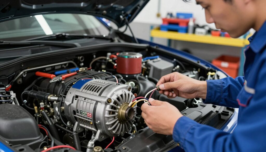A detailed image showcasing the process of connecting an alternator in a practical setting. In the foreground, illustrate a hands-on technician in professional attire, focused on connecting wires to an alternator mounted on an engine, with clear labels for B+, D+, and ground connections visible on the alternator. The middle ground features the engine bay, filled with various tools like pliers and wire strippers, emphasizing the hands-on nature of the task. The background should depict a well-lit garage with shelves of automotive tools and parts, creating a professional atmosphere. The lighting should be bright and even, simulating a work environment, with the scene captured from a slight low angle for depth. A detailed image showcasing the process of connecting an alternator in a practical setting. In the foreground, illustrate a hands-on technician in professional attire, focused on connecting wires to an alternator mounted on an engine, with clear labels for B+, D+, and ground connections visible on the alternator. The middle ground features the engine bay, filled with various tools like pliers and wire strippers, emphasizing the hands-on nature of the task. The background should depict a well-lit garage with shelves of automotive tools and parts, creating a professional atmosphere. The lighting should be bright and even, simulating a work environment, with the scene captured from a slight low angle for depth.
