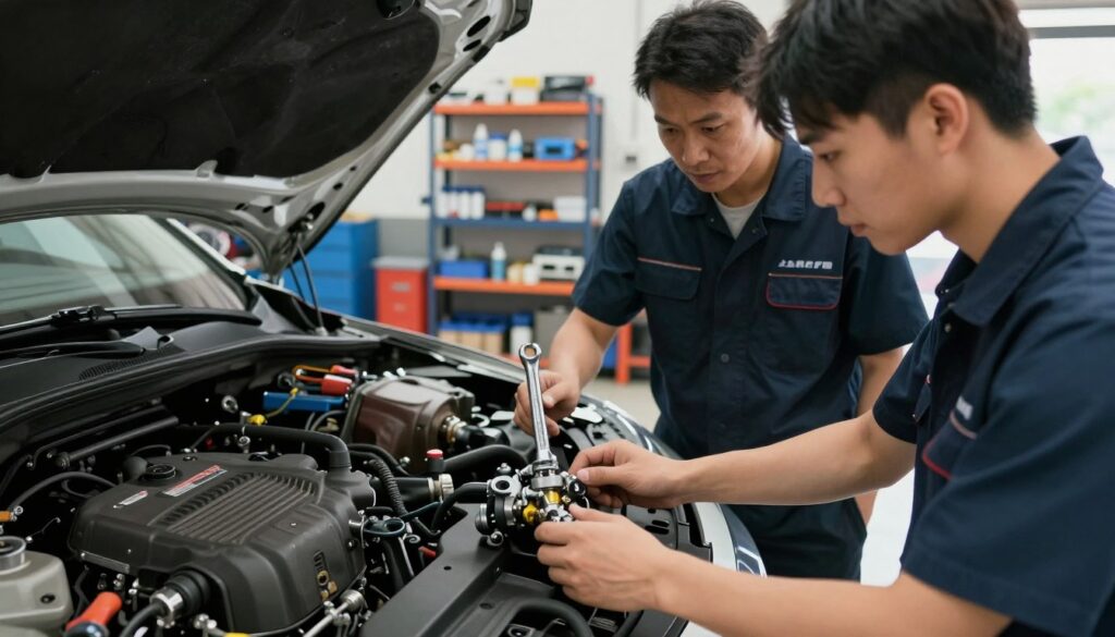 A detailed instructional scene of a car being bled for clutch air, showcasing two individuals in professional attire. In the foreground, one person is focusing on the clutch bleed valve, holding a wrench with a look of concentration, while the other individual stands nearby, attentively observing and ready to assist. The middle ground features the car on a clean garage floor, with tools neatly arranged beside it, and a clear view of the engine bay. In the background, well-organized garage shelving is filled with automotive supplies. The setting is illuminated with bright, natural lighting coming from a nearby window, creating a focused, instructional atmosphere. The angle captures both the action and the teamwork involved in the process. A detailed instructional scene of a car being bled for clutch air, showcasing two individuals in professional attire. In the foreground, one person is focusing on the clutch bleed valve, holding a wrench with a look of concentration, while the other individual stands nearby, attentively observing and ready to assist. The middle ground features the car on a clean garage floor, with tools neatly arranged beside it, and a clear view of the engine bay. In the background, well-organized garage shelving is filled with automotive supplies. The setting is illuminated with bright, natural lighting coming from a nearby window, creating a focused, instructional atmosphere. The angle captures both the action and the teamwork involved in the process.