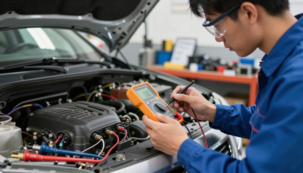 A detailed mechanic's workspace featuring a close-up view of a throttle position sensor (TPS) being examined. In the foreground, a skilled mechanic in a professional blue work uniform, wearing safety goggles, uses a multimeter to check the sensor's readings. The middle ground shows an open car hood, revealing the engine with visible wiring and components, illuminated by natural light filtering through the garage window, creating a sense of realism and focus. Tools are neatly arranged on the workbench, enhancing the technical aspect. The background contains shelves stocked with automotive parts and manuals, contributing to the industrious atmosphere. The image evokes a sense of professionalism and attention to detail in vehicle maintenance. A detailed mechanic's workspace featuring a close-up view of a throttle position sensor (TPS) being examined. In the foreground, a skilled mechanic in a professional blue work uniform, wearing safety goggles, uses a multimeter to check the sensor's readings. The middle ground shows an open car hood, revealing the engine with visible wiring and components, illuminated by natural light filtering through the garage window, creating a sense of realism and focus. Tools are neatly arranged on the workbench, enhancing the technical aspect. The background contains shelves stocked with automotive parts and manuals, contributing to the industrious atmosphere. The image evokes a sense of professionalism and attention to detail in vehicle maintenance.