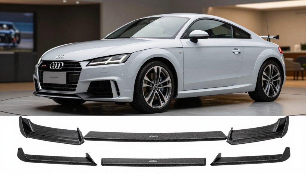 A detailed online product page featuring an Audi TT body kit, showcasing various angles of the kit installed on a sleek, modern Audi TT in a polished showroom environment. In the foreground, focus on a close-up view of the body kit details, emphasizing the texture and craftsmanship. In the middle ground, display the complete vehicle from a slightly angled perspective, allowing viewers to see the kit in context with the car’s design. The background should be softly blurred to highlight the product while giving a sense of luxury and sophistication. The lighting is bright and even, casting soft reflections on the car's surface, creating an inviting and professional atmosphere. A detailed online product page featuring an Audi TT body kit, showcasing various angles of the kit installed on a sleek, modern Audi TT in a polished showroom environment. In the foreground, focus on a close-up view of the body kit details, emphasizing the texture and craftsmanship. In the middle ground, display the complete vehicle from a slightly angled perspective, allowing viewers to see the kit in context with the car’s design. The background should be softly blurred to highlight the product while giving a sense of luxury and sophistication. The lighting is bright and even, casting soft reflections on the car's surface, creating an inviting and professional atmosphere.