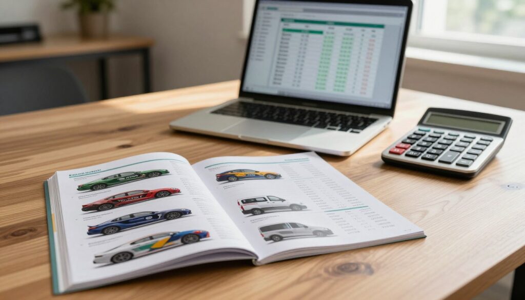 A detailed price list for vehicle wrapping laid out neatly on a wooden desk. In the foreground, an open brochure shows various types of car wraps, each labeled with its pricing, covering personal cars, premium vehicles, and delivery vans. In the middle ground, a laptop displays a chart of costs, while a calculator rests nearby, emphasizing a professional setting. In the background, a light-filled office environment enhances the atmosphere of diligence and professionalism. Natural light streams in through a window, casting soft shadows. The color palette is warm and inviting, with wooden tones and subtle greens, evoking a sense of trust and reliability in pricing information. A detailed price list for vehicle wrapping laid out neatly on a wooden desk. In the foreground, an open brochure shows various types of car wraps, each labeled with its pricing, covering personal cars, premium vehicles, and delivery vans. In the middle ground, a laptop displays a chart of costs, while a calculator rests nearby, emphasizing a professional setting. In the background, a light-filled office environment enhances the atmosphere of diligence and professionalism. Natural light streams in through a window, casting soft shadows. The color palette is warm and inviting, with wooden tones and subtle greens, evoking a sense of trust and reliability in pricing information.