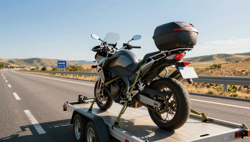 A detailed scene capturing a motorcycle being securely transported on a trailer during a road trip. In the foreground, a powerful motorcycle is strategically positioned on a sturdy trailer, tightly strapped down with high-quality straps to prevent any movement. The middle ground features a well-maintained highway, showcasing smooth asphalt and clear road signs. In the background, a vast landscape of rolling hills and a bright blue sky without any clouds enhances the sense of adventure. The lighting is warm and bright, suggesting a sunny day, with the sun casting soft shadows. The angle is a slightly elevated view, highlighting the secure placement of the motorcycle and the trailer's stability. Aim for a professional, serene atmosphere that conveys safety and control during transportation. A detailed scene capturing a motorcycle being securely transported on a trailer during a road trip. In the foreground, a powerful motorcycle is strategically positioned on a sturdy trailer, tightly strapped down with high-quality straps to prevent any movement. The middle ground features a well-maintained highway, showcasing smooth asphalt and clear road signs. In the background, a vast landscape of rolling hills and a bright blue sky without any clouds enhances the sense of adventure. The lighting is warm and bright, suggesting a sunny day, with the sun casting soft shadows. The angle is a slightly elevated view, highlighting the secure placement of the motorcycle and the trailer's stability. Aim for a professional, serene atmosphere that conveys safety and control during transportation.
