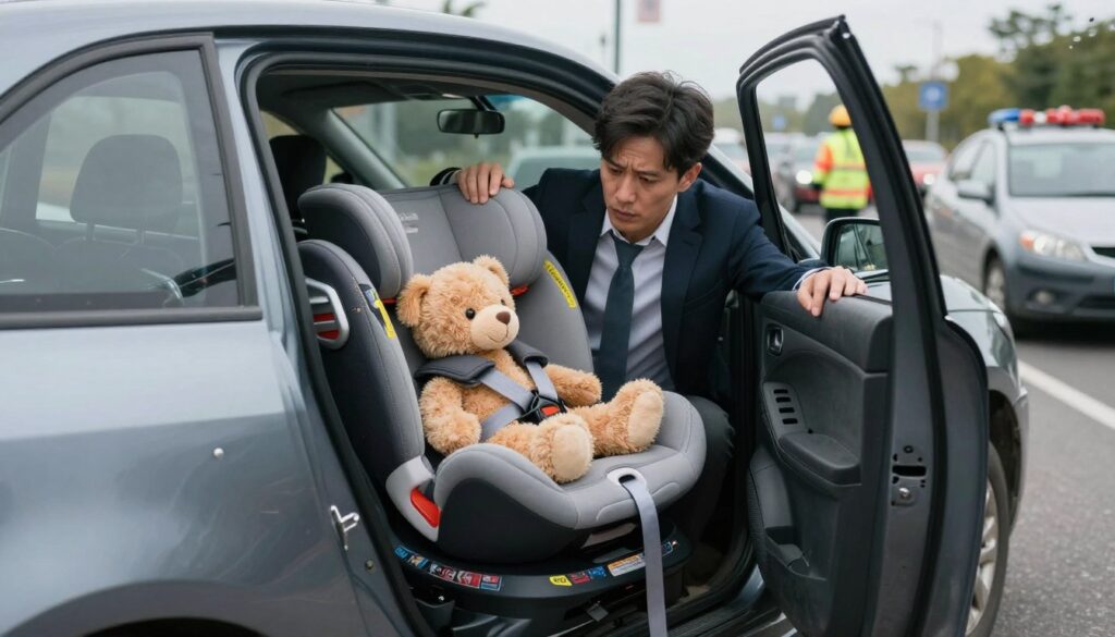 A detailed scene depicting a car accident involving a child safety seat (fotelik). In the foreground, show a damaged car with an open door, revealing a well-secured child safety seat with a teddy bear inside, symbolizing the child’s absence. The middle ground features a somber driver in professional casual attire, assessing the damage, looking concerned and responsible. In the background, visualize a blurred view of traffic and emergency responders navigating the scene under overcast lighting, adding a sense of urgency. The angle should be slightly elevated, capturing the full context of the accident while maintaining focus on the child safety seat. The mood should be serious and reflective, highlighting the importance of safety measures in vehicles.
