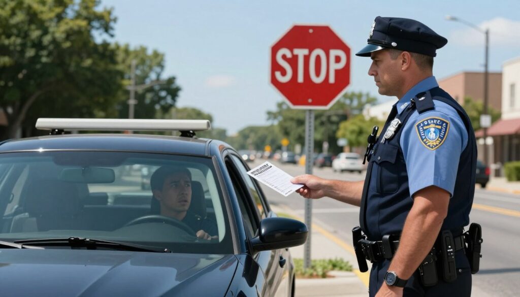 A detailed scene depicting a police officer issuing a traffic ticket for failing to stop at a stop sign. In the foreground, the officer stands confidently, wearing a professional uniform and a serious expression. The middle ground highlights a car stopped at a stop sign, with the driver visibly concerned. Surrounding the scene, incorporate urban elements like a city street, trees, and a clear blue sky to establish a typical traffic environment. The background features a prominent stop sign with bright red color and white letters. Soft natural lighting emphasizes the seriousness of the situation, creating a tense yet informative atmosphere. The angle should be slightly low, focusing on the interaction between the officer and the driver for added impact.