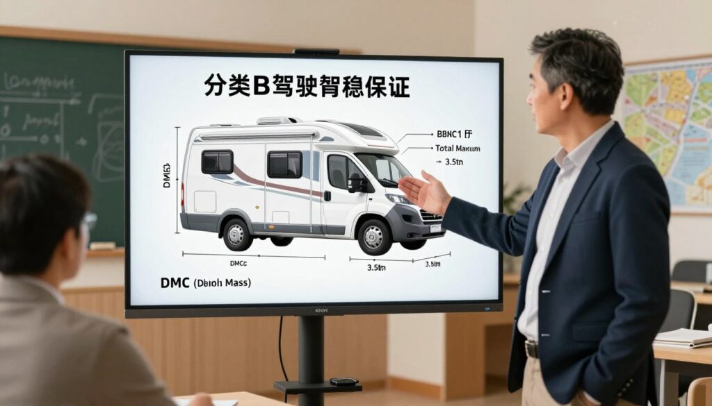 A detailed scene depicting a professional setting where a driving instructor is discussing the requirements for a category B driving license. In the foreground, the instructor, a middle-aged person in smart casual attire, gestures towards a visual aid that illustrates the specifications of campers with a DMC (Total Maximum Mass) up to 3.5 tons. The middle section features a large diagram of a camper van, clearly displaying its dimensions and weight limits. The background includes calming, soft-lit classroom elements, like a chalkboard and maps, creating an educational atmosphere. The lighting is warm and inviting, emphasizing a sense of professionalism and clarity. The image should evoke an informative and reassuring mood, perfect for educational content.